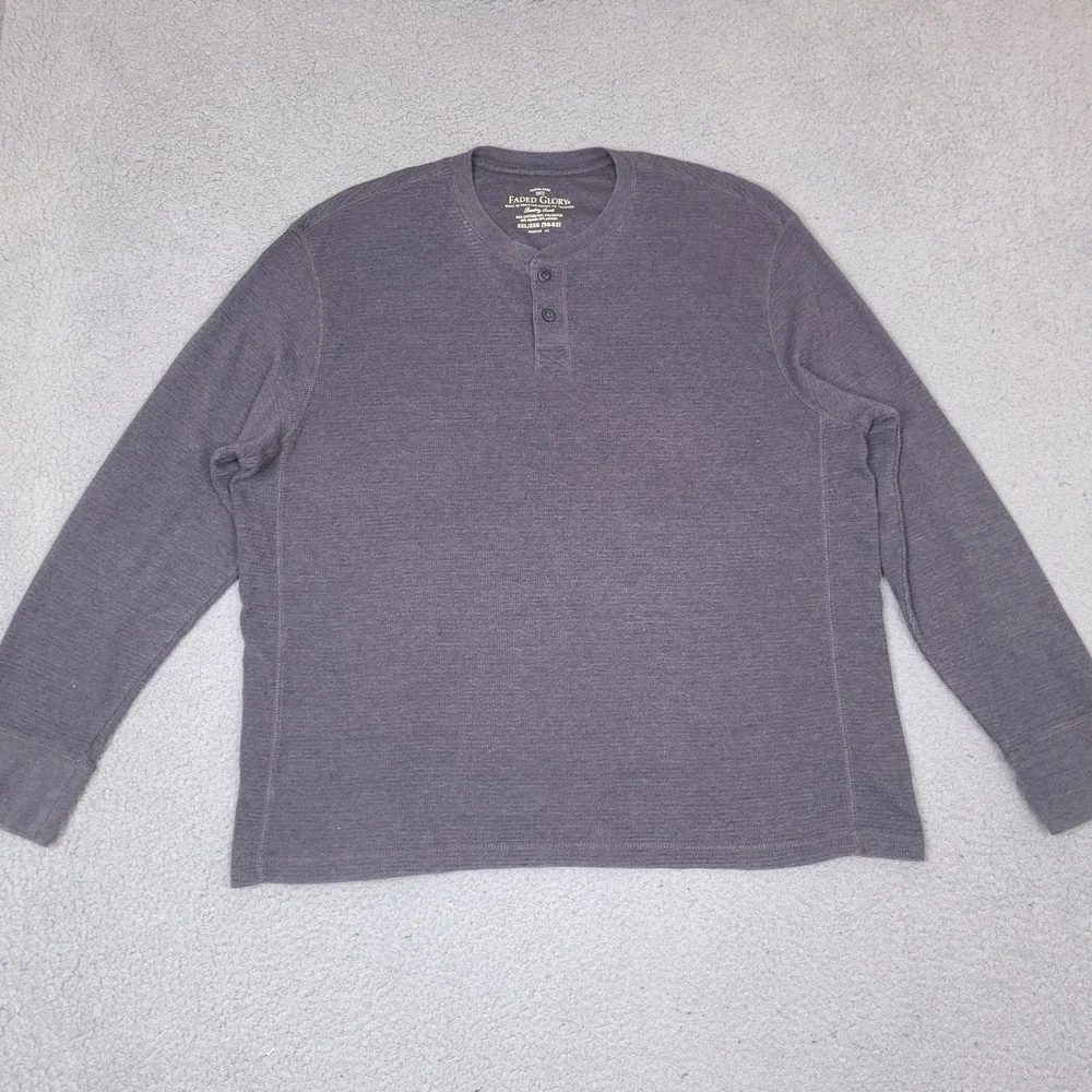 Faded Glory Mens Shirt XXL Gray Waffle Knit Long Sleeve Henley Tee Thermal Layer